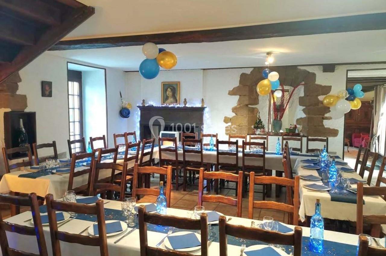 Location salle Saint-Georges-d'Espéranche (Isère) - Les Jardins du Castel #29 Salle de réception décorée avec des ballons et des tables dressées, alignées avec nappes blanches et chemins de table bleus.
