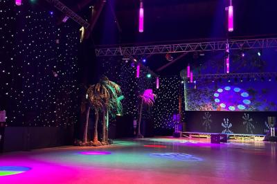 Miniature Location salle Paris 15 (Paris) - La Palmeraie #6 Salle de réception avec tables hautes noires, verres lumineux et éclairage tamisé dans une ambiance festive.