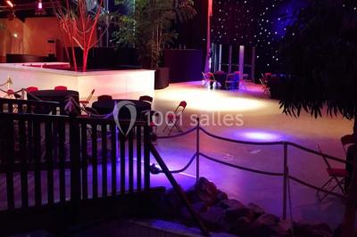 Décor intérieur avec éclairage coloré, fontaines illuminées, végétation tropicale et tables dressées en arrière-plan.