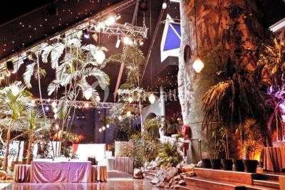 Décor intérieur avec éclairage coloré, fontaines illuminées, végétation tropicale et tables dressées en arrière-plan.