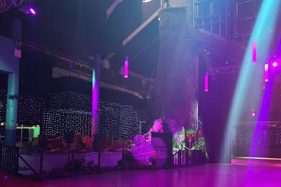 Décor intérieur avec éclairage coloré, fontaines illuminées, végétation tropicale et tables dressées en arrière-plan.