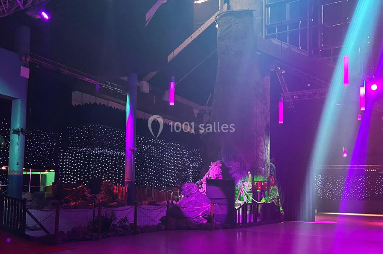 Salle intérieure avec éclairage coloré, décorations rocheuses et guirlandes lumineuses en arrière-plan.