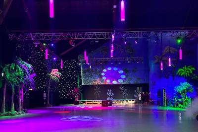 Décor intérieur avec éclairage coloré, fontaines illuminées, végétation tropicale et tables dressées en arrière-plan.