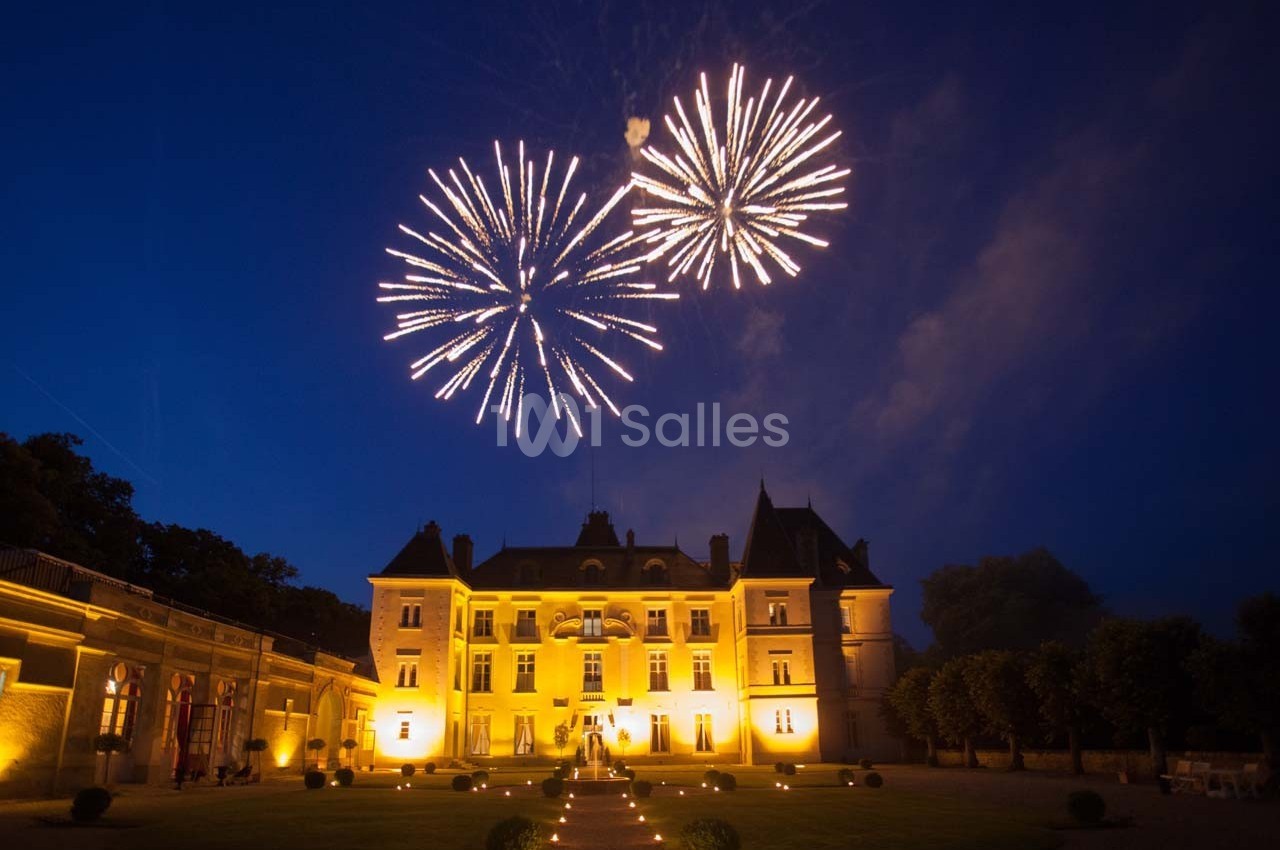 Feu d'artifice illuminant le ciel nocturne au-dessus d'un château éclairé, entouré de jardins.