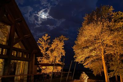 Vue nocturne d'une maison en bois éclairée, entourée d'arbres illuminés, sous un ciel nuageux avec la lune visible.