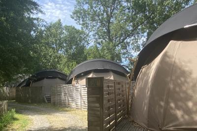 Espace extérieur décoré avec arche florale, deux chaises transparentes et fond blanc sous une tente.