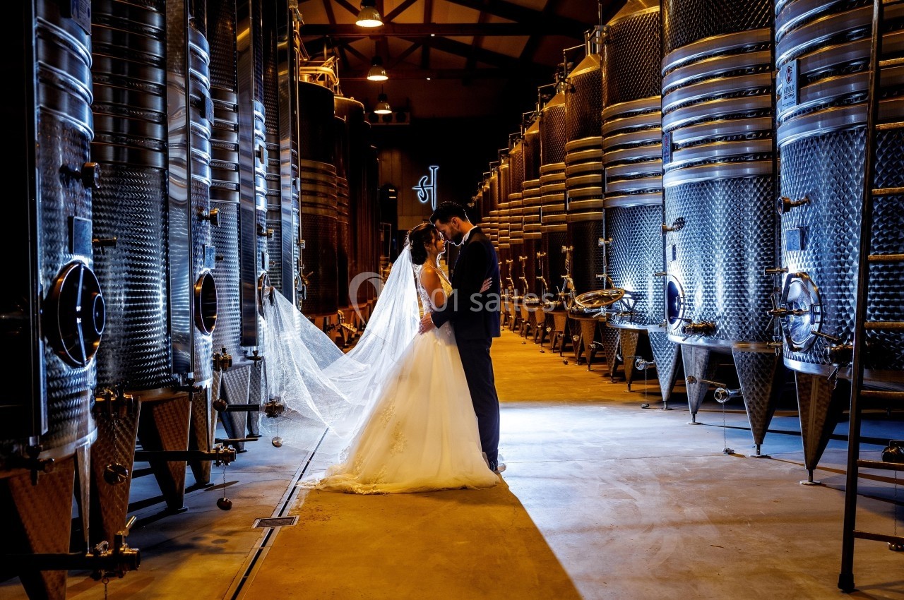 Un couple de mariés se tient dans une cave à vin entourée de cuves en acier inoxydable.