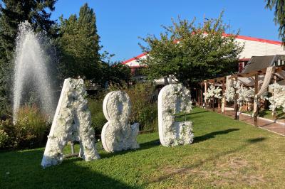 Table élégamment dressée avec vaisselle blanche et décorations florales, donnant sur une piste équestre en arrière-plan.