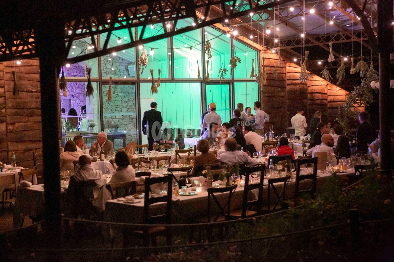 Dîner en soirée dans un restaurant avec terrasse éclairée, tables dressées et convives attablés.