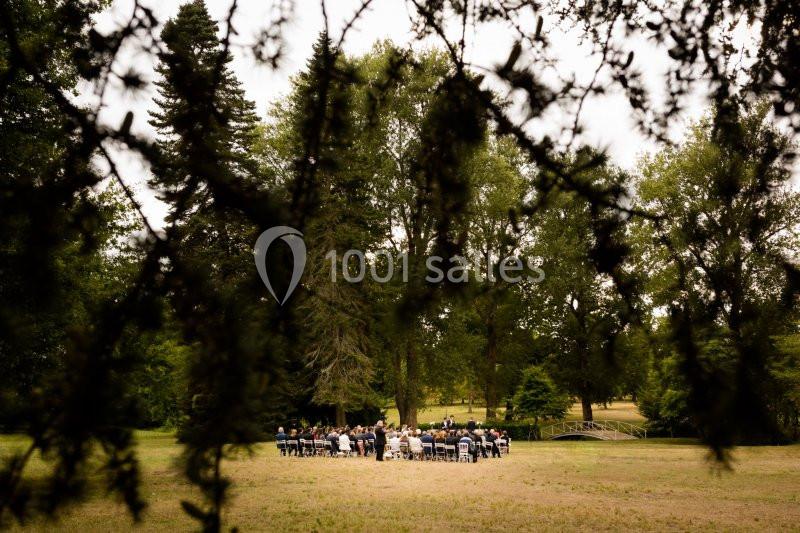 Groupe de personnes assises en plein air dans un parc, entouré d'arbres et vu à travers des branches au premier plan.