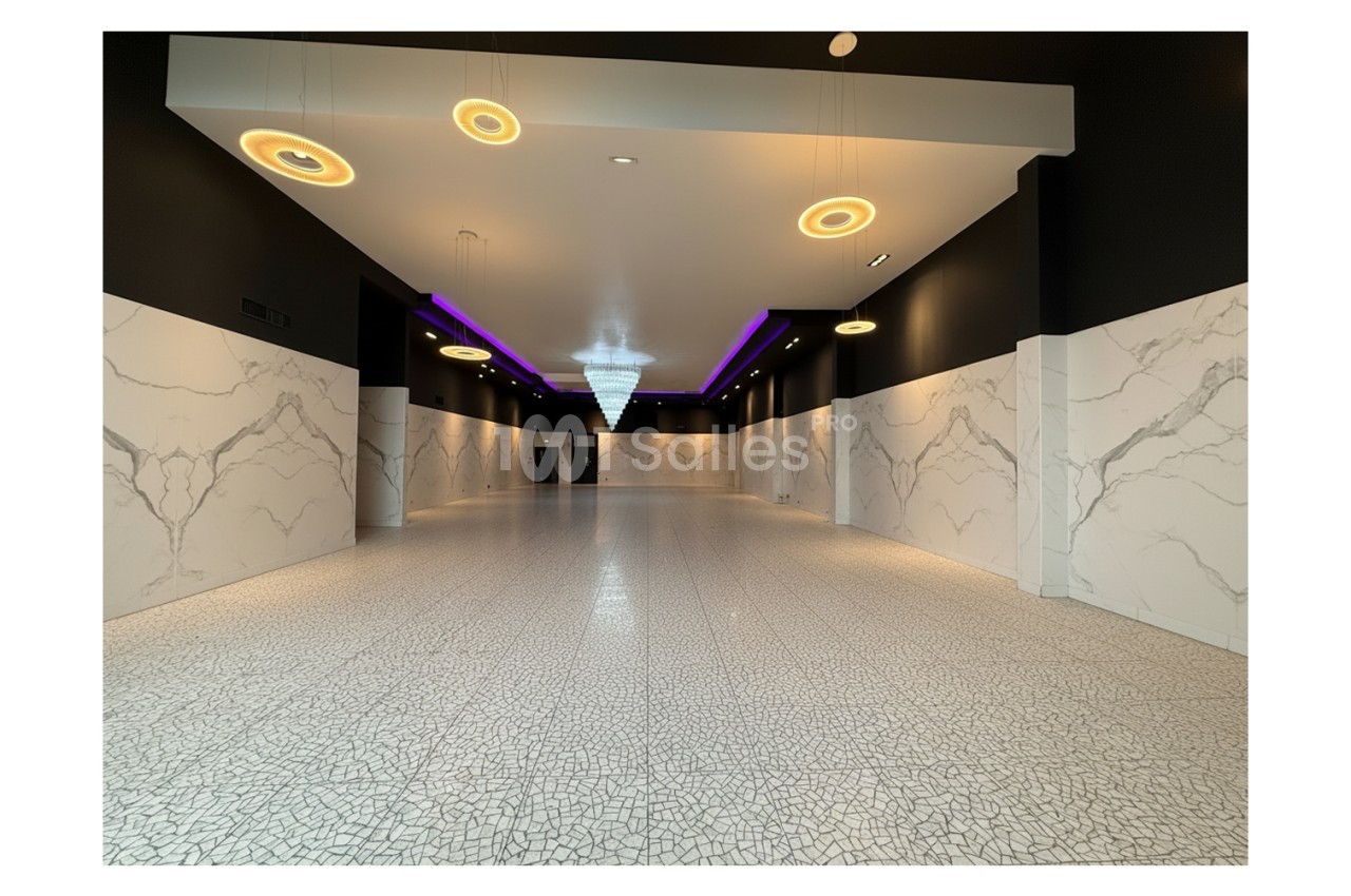 Couloir spacieux avec sol texturé, murs effet marbre, éclairage moderne et plafonnier central lumineux.