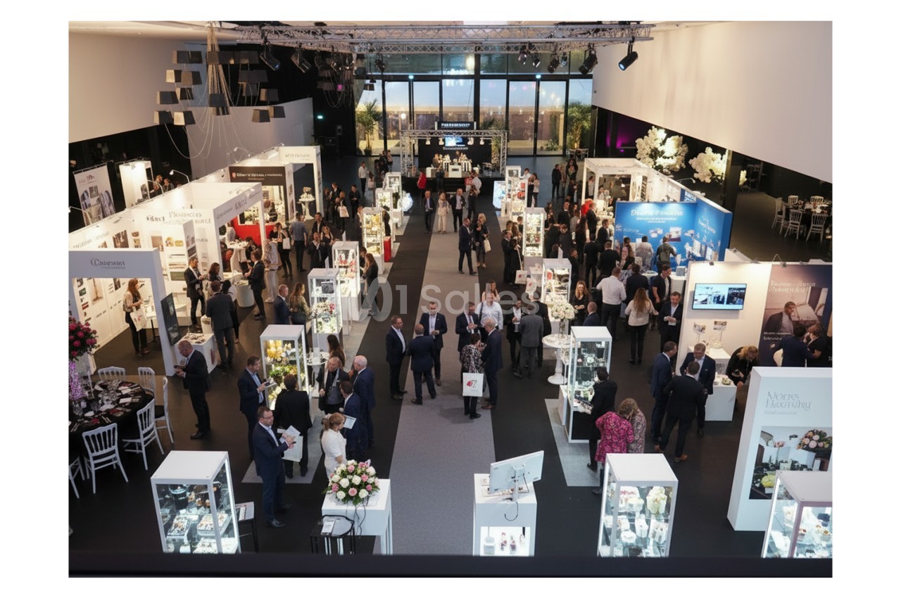 Vue d'ensemble d'un salon professionnel avec des stands éclairés, des visiteurs et une grande baie vitrée en arrière-plan.