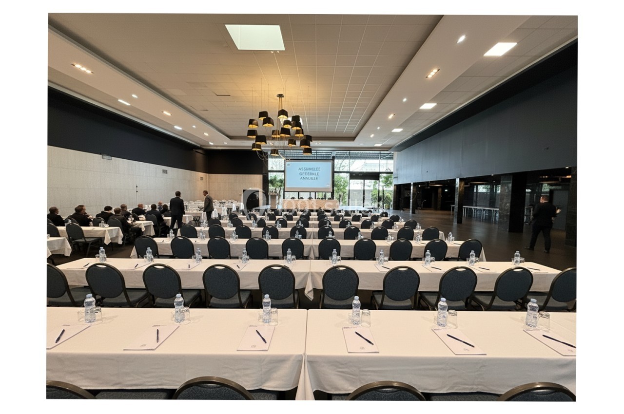 Salle de conférence avec des rangées de tables et chaises alignées, préparées pour une assemblée générale.