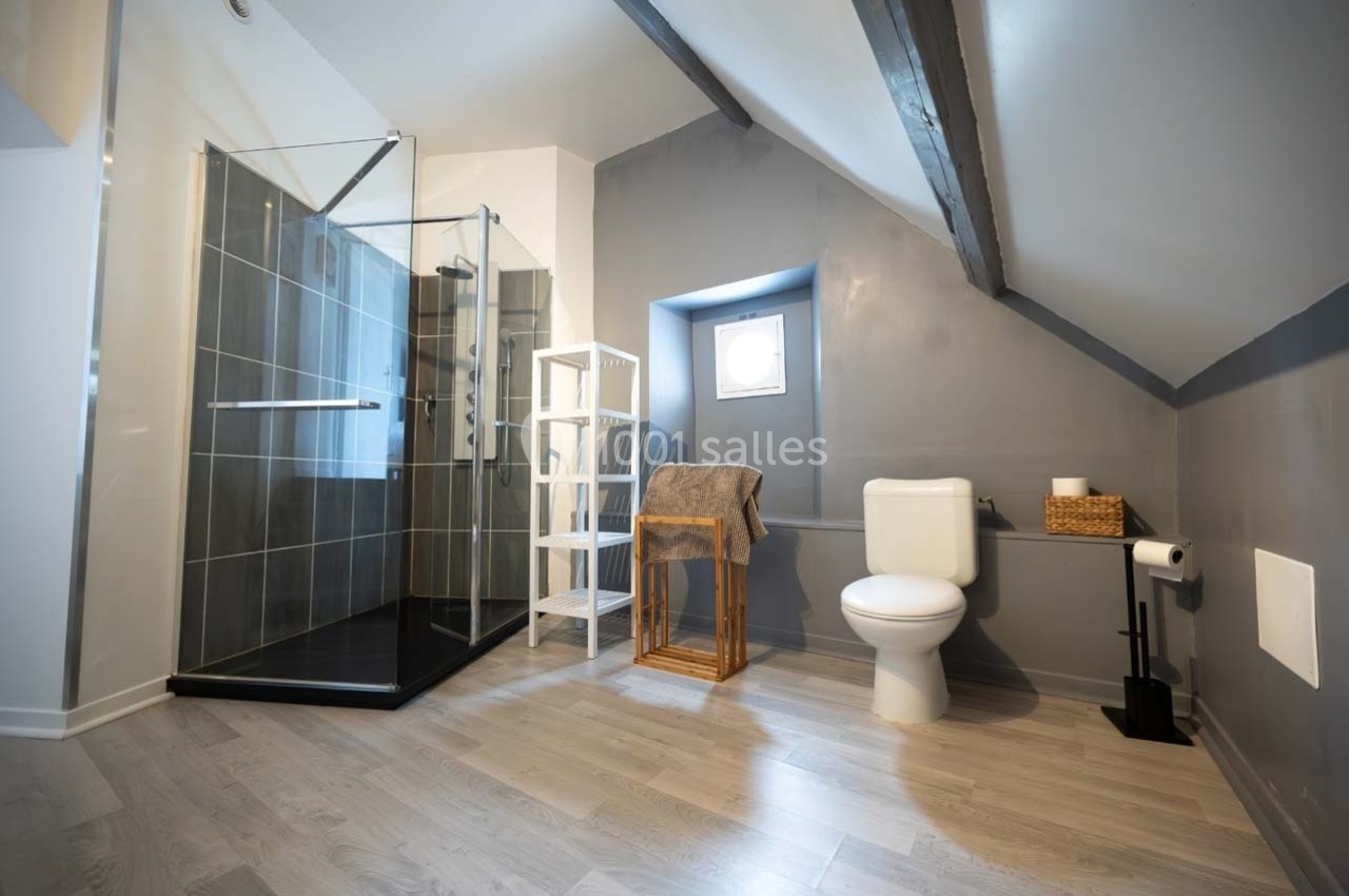 Salle de bain mansardée avec douche vitrée, toilettes, étagère blanche et sol en parquet clair.