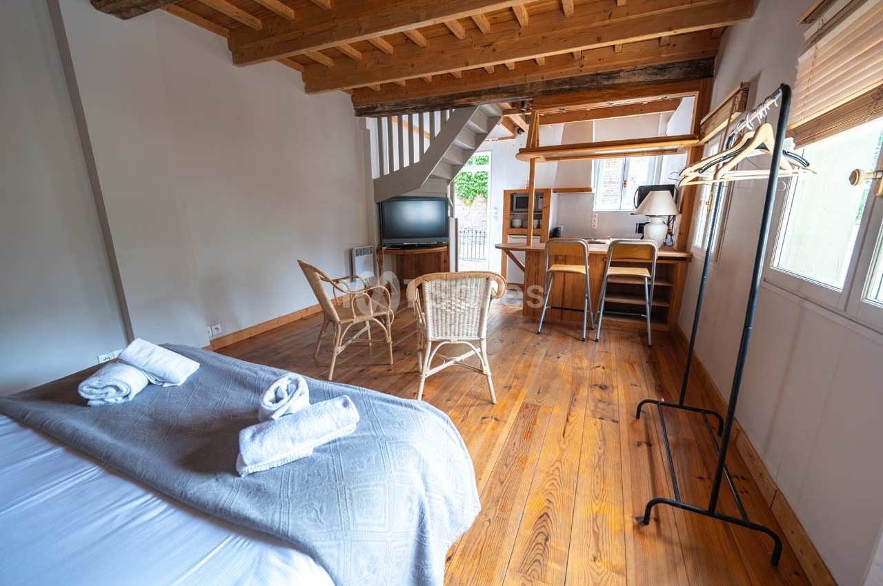Chambre lumineuse avec lit double, coin salon en rotin, bureau en bois, télévision et parquet en bois clair.