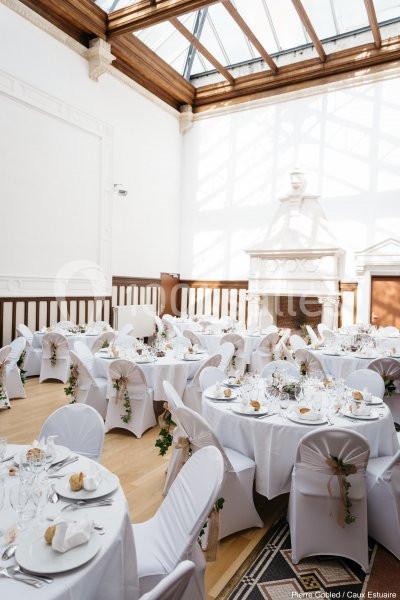 Location salle Saint-Romain-de-Colbosc (Seine-Maritime) - Château de Gromesnil #4 Salle lumineuse avec tables rondes dressées pour un événement, décorées de nappes blanches et de chaises ornées de rubans.
