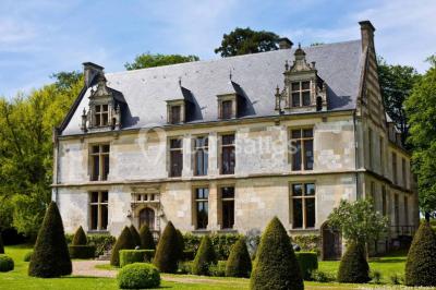 Pelouse verdoyante bordée d'arbres hauts sous un ciel bleu clair, avec une petite structure en briques à gauche.