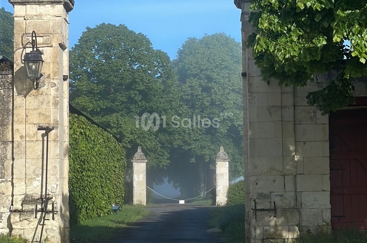 Entrée d'une propriété avec piliers en pierre, allée bordée d'arbres et légère brume matinale.