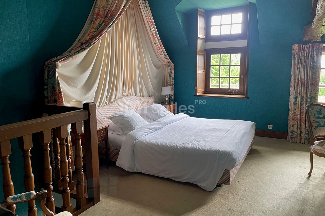 Chambre avec lit double, baldaquin drapé, murs bleus, grande fenêtre et mobilier en bois dans un cadre lumineux.