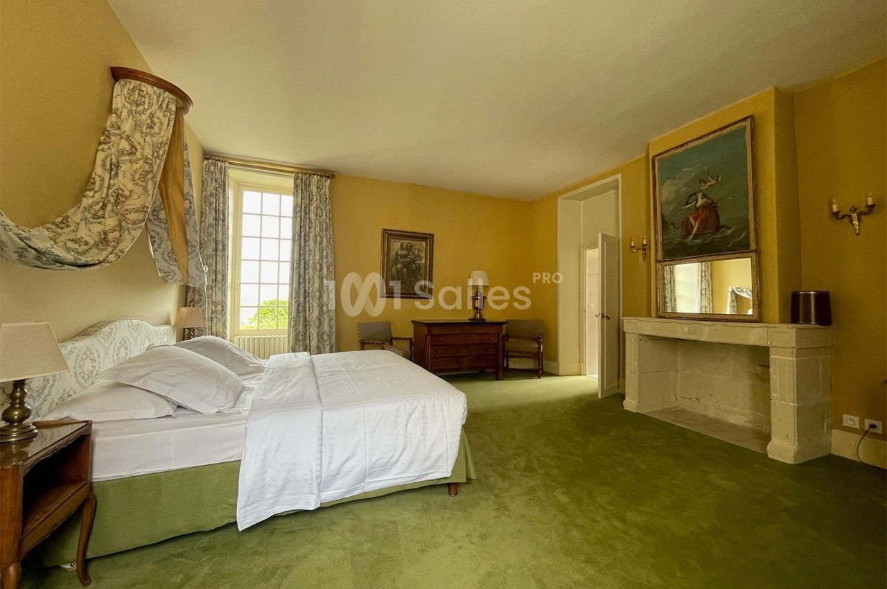 Chambre lumineuse avec lit double, cheminée en pierre, murs jaunes, moquette verte et grande fenêtre donnant sur l'extérieur.