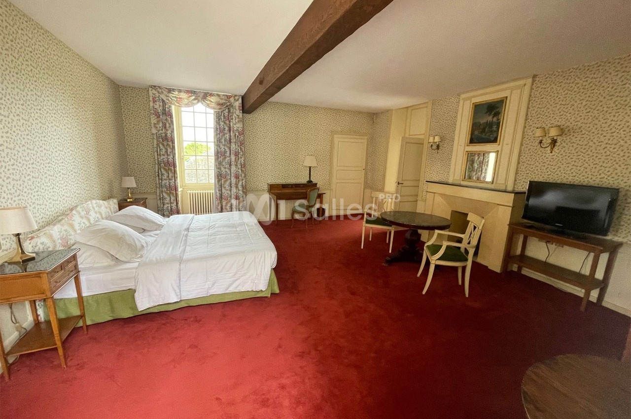 Chambre spacieuse avec lit double, meubles classiques, tapis rouge, grande fenêtre et télévision sur un meuble.