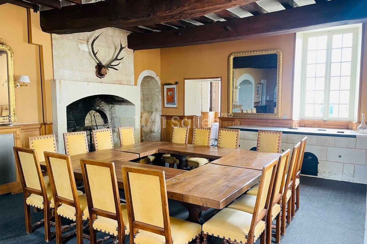 Salle à manger avec une grande table en bois entourée de chaises, cheminée en pierre et miroirs sur les murs.