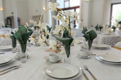 Vue aérienne d'un complexe avec plusieurs bâtiments, un jardin central, un parking et des zones identifiées par des noms.