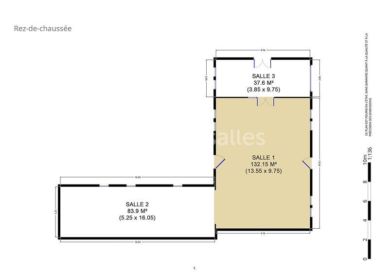 Plan du rez-de-chaussée montrant trois salles avec leurs dimensions en mètres carrés et mètres linéaires.