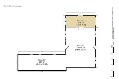 Plan du rez-de-chaussée avec trois salles numérotées et leurs dimensions indiquées en mètres carrés.