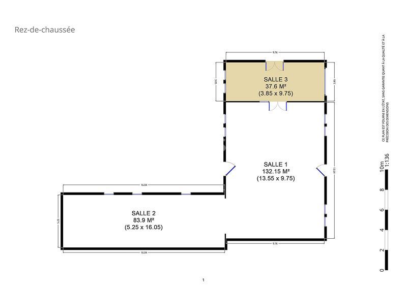 Plan du rez-de-chaussée avec trois salles numérotées et leurs dimensions indiquées en mètres carrés.