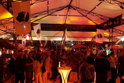 Miniature Location salle Thoiry (Yvelines) - L'Orangerie du Château de Thoiry #2 Peinture de mains et flèche blanche sur un tronc d'arbre dans un parc enneigé, avec des arbres en arrière-plan.