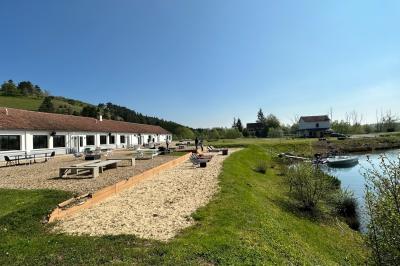 Quatre femmes pratiquant le yoga en posture de l'arbre sur des tapis colorés dans un espace extérieur herbeux.