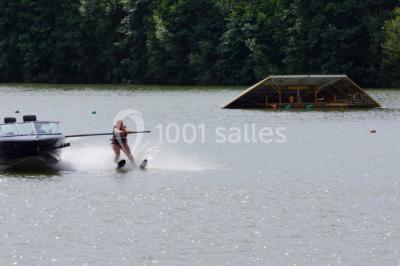 Quatre femmes pratiquant le yoga en posture de l'arbre sur des tapis colorés dans un espace extérieur herbeux.