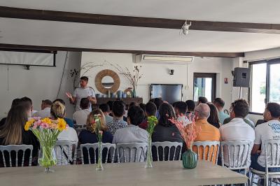 Quatre femmes pratiquant le yoga en posture de l'arbre sur des tapis colorés dans un espace extérieur herbeux.