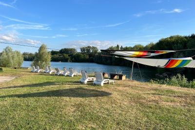 Quatre femmes pratiquant le yoga en posture de l'arbre sur des tapis colorés dans un espace extérieur herbeux.