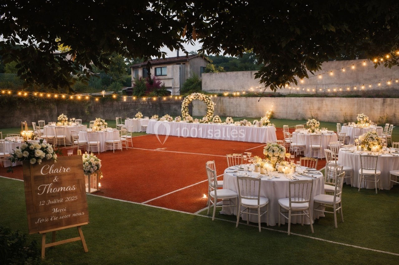 Tables décorées pour un mariage en plein air sur un terrain de tennis, avec guirlandes lumineuses et fleurs blanches.