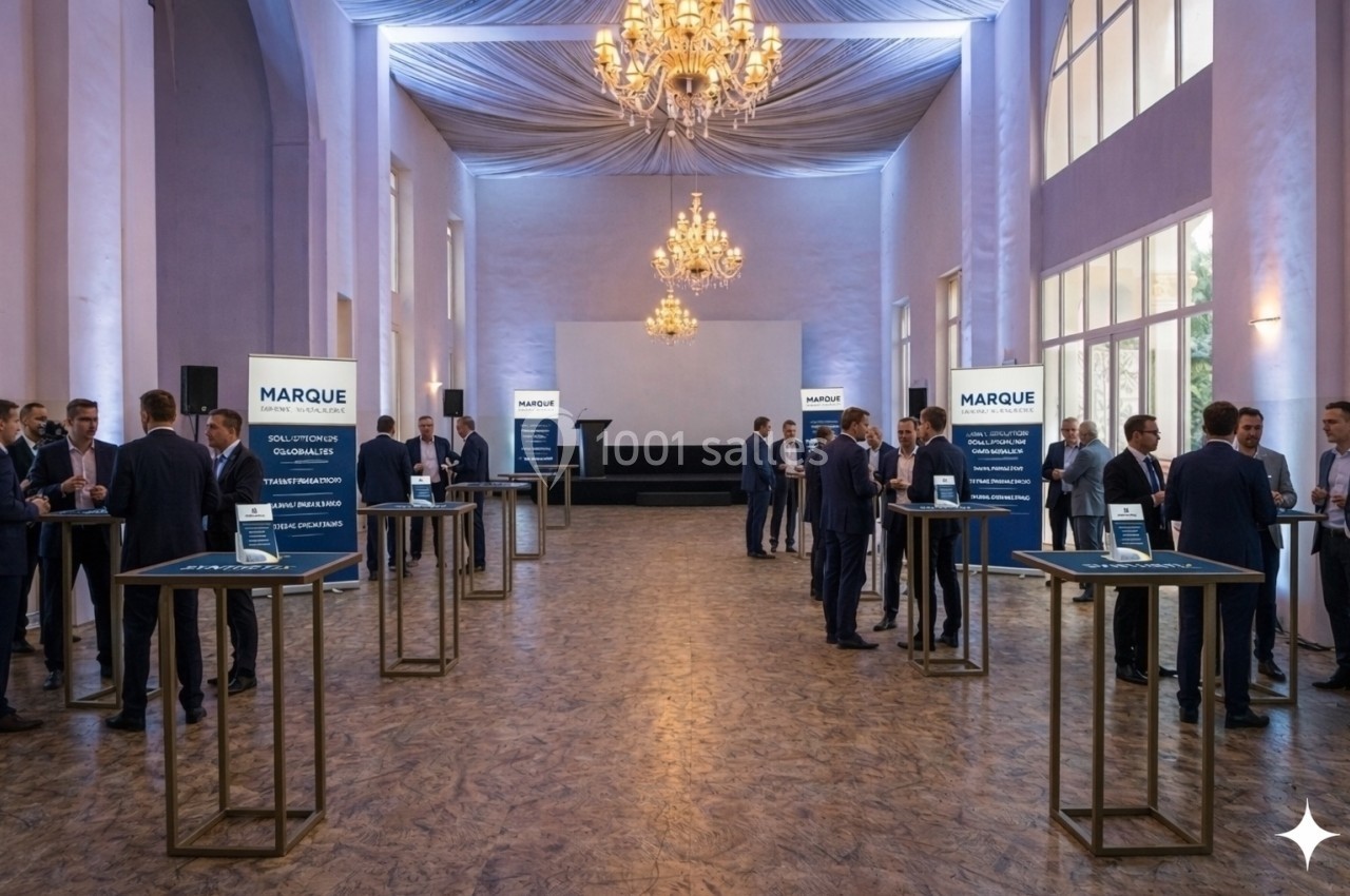 Salle lumineuse avec des participants en costume discutant autour de tables hautes lors d'un événement professionnel.