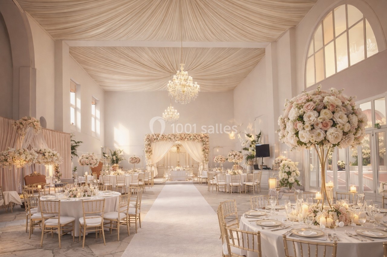 Salle de réception élégante décorée pour un mariage, avec chandeliers, fleurs et tables dressées.