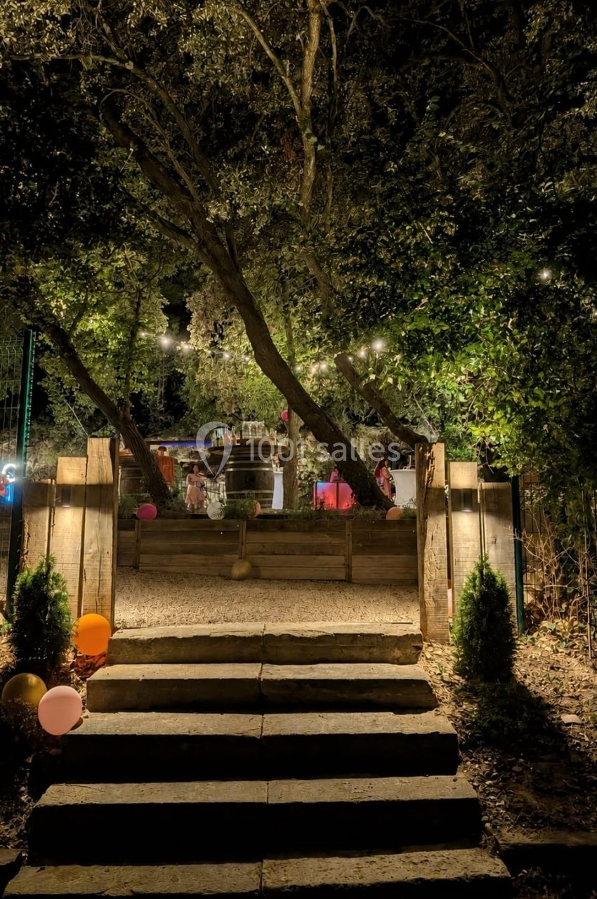 Location salle Loriol-du-Comtat (Vaucluse) - La Maelia #28 Escalier en pierre menant à un espace extérieur éclairé par des guirlandes lumineuses, entouré de végétation.