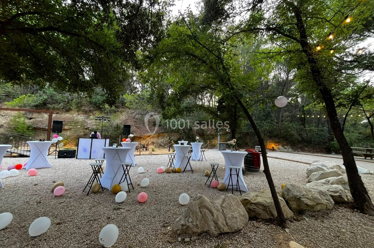 Location salle Loriol-du-Comtat (Vaucluse) - La Maelia #33 Espace extérieur décoré pour un événement avec tables hautes, ballons colorés et guirlandes lumineuses sous des arbres.
