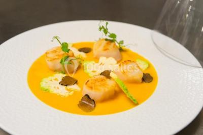 Salle de restaurant lumineuse avec des tables en bois, chaises bleues et grandes fenêtres laissant entrer la lumière…