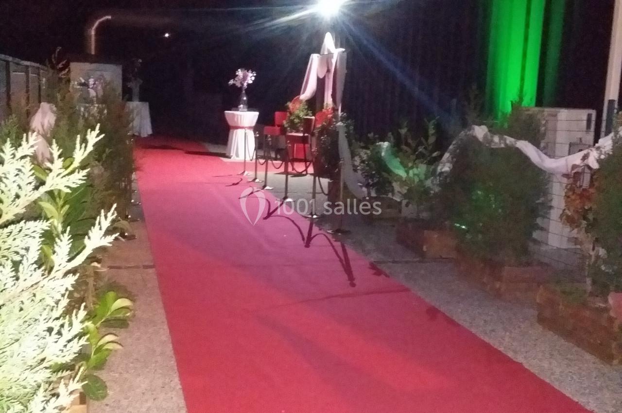 Allée avec tapis rouge éclairée la nuit, bordée de plantes et décorations lumineuses.