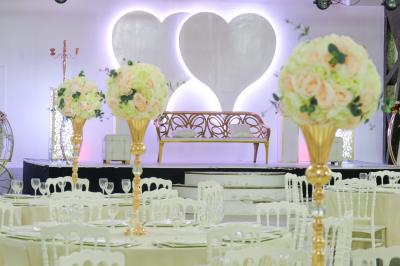 Miniature Location salle Brétigny-sur-Orge (Essonne) - Aya Réception #19 Buffet élégant avec une présentation variée de bouchées salées et sucrées sur des plateaux dorés en salle lumineuse.