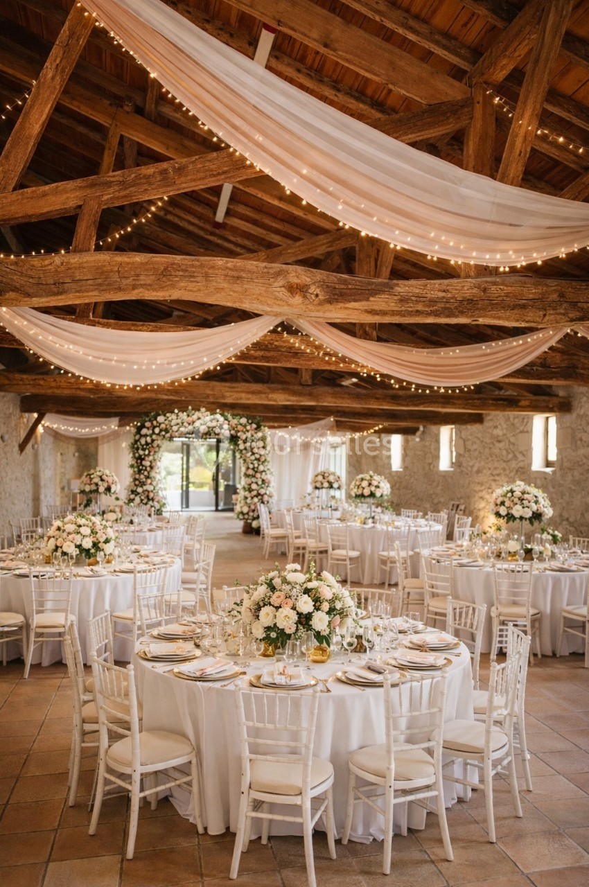 Salle de réception décorée pour un mariage avec tables rondes, nappes blanches, fleurs et guirlandes lumineuses suspendues.