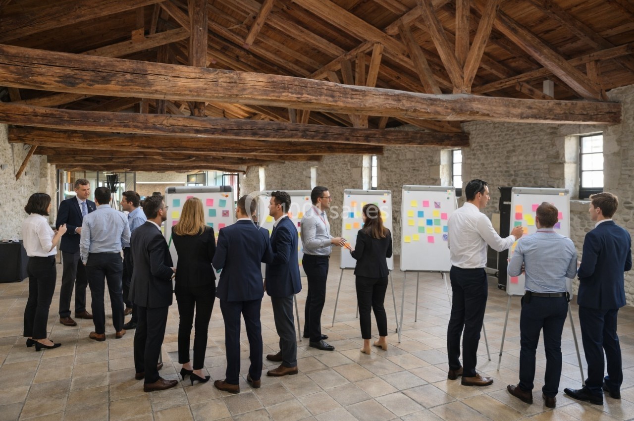 Des personnes en tenue professionnelle collaborent autour de tableaux blancs couverts de notes colorées dans une grande…