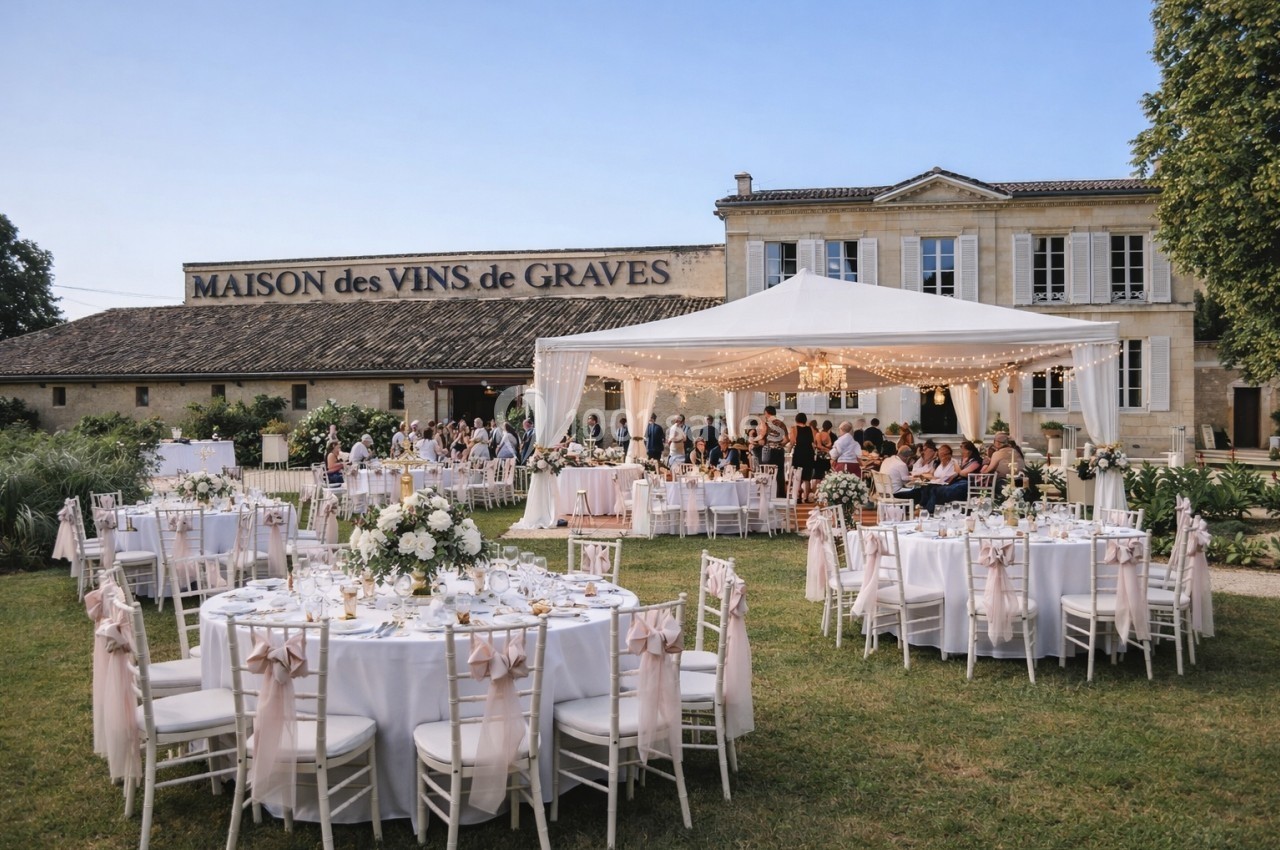 Tables décorées pour un événement en plein air devant un bâtiment marqué ’Maison des Vins de Graves’.