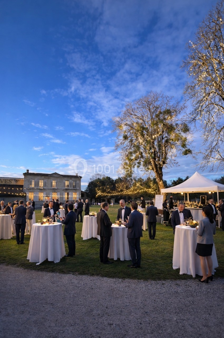 Personnes discutant autour de tables dressées en extérieur lors d'un événement au crépuscule, avec un bâtiment en arrière…