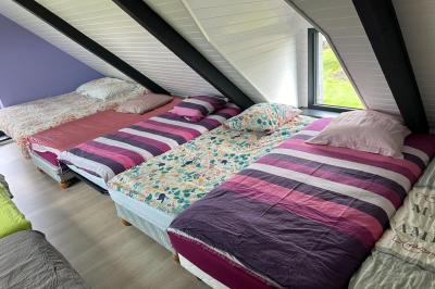 Miniature Location salle Rostrenen (Côtes-d'Armor) - Domaine Un Jour Parfait #20 Chambre moderne avec mur vert, lit double décoré de coussins, luminaires muraux et tapis clair au sol.