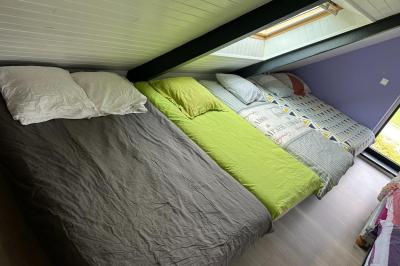 Miniature Location salle Rostrenen (Côtes-d'Armor) - Domaine Un Jour Parfait #17 Chambre moderne avec mur vert, lit double décoré de coussins, luminaires muraux et tapis clair au sol.