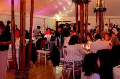 Miniature Location salle Rostrenen (Côtes-d'Armor) - Domaine Un Jour Parfait #9 Chambre moderne avec mur vert, lit double décoré de coussins, luminaires muraux et tapis clair au sol.